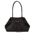 Borsa a spalla in pelle nera con trama a grana e design pieghevole a trapezio - Nero
