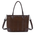 Brown wave textured PU leather small tote bag with woven handles and crossbody strap - Brown