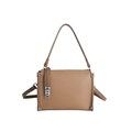 Brown litchi grain leather baguette bag with silver hardware and dual shoulder straps - Khaki