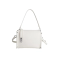 Minimalist white litchi pattern leather baguette bag with silver hardware and rivets - White