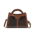 Brown faux snakeskin crossbody bag with glossy patent leather finish and top handle - Brown