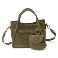 Dark green matte bucket bag set with shoulder strap and matching round coin purse charm - Green