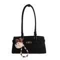 Retro black faux suede Boston bag with shoulder strap and cute puppy pendant - With Pendant / Black