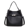 Elegante borsa a secchiello in pelle litchi nera con finiture argentate e tracolla - Nero