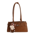 Brown vintage Boston bag with gold buckle, long handles and a plush bear charm - With Pendant / Brown