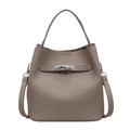 Elegante borsa a secchiello taupe in pelle litchi con chiusura a girello argento - Grigio