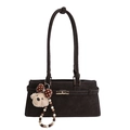 Minimalist dark brown suede shoulder bag with gold twist lock and cute bear charm - With Pendant / Brown