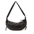 Minimalist black croissant shoulder bag with pleated faux leather and silver metal accent - Black
