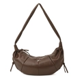 Brown leather croissant crossbody bag with pleated texture and wide shoulder strap - Brown