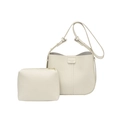 Chic beige lychee grain leather bucket bag set with matching zipper pouch and strap - White