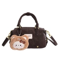 Deep brown Boston bag with textured leather and a cute plush keychain charm - With Pendant / Brown