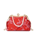 Elegant red satin clutch with plum blossom embroidery and pearl handle for women - Red