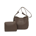 Dark brown pebble leather shoulder bag set with adjustable strap and matching pouch - Brown