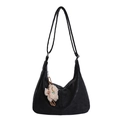 Minimalist black PU leather hobo bag with adjustable strap and cute plush bear charm - Black