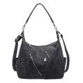 Retro charcoal grey faux leather crossbody bag with silver zippers and top handle - Black