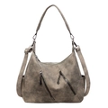 Gray vintage faux leather hobo bag with decorative zippers and crossbody strap - Khaki