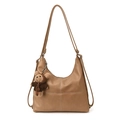 Brown leather tote bag with cross-stitch details and cute bear charm pendant - Khaki