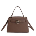 Detailed macro shot of the brown litchi pattern leather and gold metal buckle of the bag - Gray