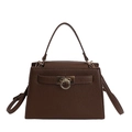 Vintage brown trapezoid satchel bag with gold ring closure and pebbled leather texture - Brown