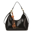 Chic black crescent underarm bag in glossy leather with wooden bead tassel and gold hardware - With Pendant / Black