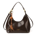 Deep brown patent leather underarm bag with glossy finish and tassel charm accessory - With Pendant / Brown