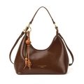 Deep brown glossy faux leather crescent bag with adjustable strap and beaded tassel - With Pendant / Brown