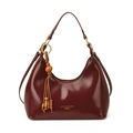 Elegant deep burgundy hobo shoulder bag with glossy finish and wooden bead tassel - With Pendant / Red