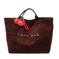 Brown corduroy large capacity tote bag with cherry charm and white art text detail - With Pendant / Brown