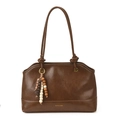Bolso tote marrón retro de piel brillante con colgante decorativo de cuentas de madera - Marrón