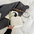 Chic white toast-shaped bucket bag with ruffled handle and brown leather shoulder strap - White