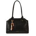 Bolso tote clásico de cuero negro con elegante detalle de cuentas de madera y oro - Negro