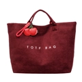 Dark red suede tote bag with white TOTE BAG text and a cute cherry charm detail - With Pendant / Burgundy