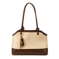 Bolso tote retro en crema y marrón con contraste y cuentas de madera decorativas - Blanco