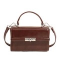 Dark brown glossy leather rectangular handbag with silver twist lock and shoulder strap - With Pendant / Brown