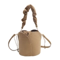 Minimalist camel suede bucket bag for women with tiered petal design and pleated handle - Khaki