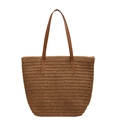 Grande borsa tote in paglia con manici in pelle marrone per lo stile mare estivo - Cachi