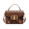 Chic brown velvet and leather small square bag with elegant gold metal buckle detail - Brown