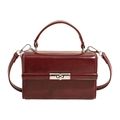 Elegant deep red square handbag with glossy leather finish and silver metallic twist lock - With Pendant / Red