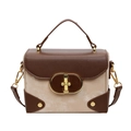 Retro two-tone leather box bag in dark brown and khaki with gold twist lock - Khaki