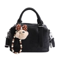 Retro black matte Boston handbag with a cute puppy plush charm and adjustable strap - With Pendant / Black