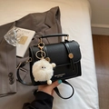 Retro black crossbody square bag with white contrast stitching and plush eye charm - Black with Pendant