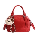 Vibrant red Boston style handbag in soft leather with a cute brown plush bear charm - With Pendant / Red