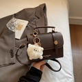 Retro dark brown crossbody bag with cross-grain texture and cute white furry charm - Coffee with Pendant