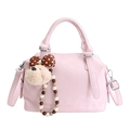Pale pink soft leather Boston bag for women with a cute plush bear charm accessory - With Pendant / Pink