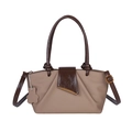 Contrast leather tote with light brown lychee texture and dark brown handle accents - Khaki