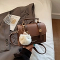 Brown vintage square handbag with gold buckles, brand logo and plush pompom charm - Brown with Pendant