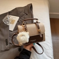 Retro square crossbody bag in beige woven texture and brown leather with fuzzy charm - Khaki with Pendant