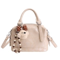 Beige soft leather Boston handbag with a cute bear charm and detachable shoulder strap - Khaki