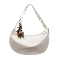 Minimalist white crescent hobo shoulder bag with a yellow plush rooster charm - With Pendant / Off White