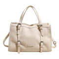 Elegante borsa tote a pieghe color crema con strisce verticali e fibbie argentate - Bianco